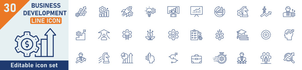 Business development line icon set. Set of 30 outline icons related to development, business, startup, idea, innovation, improvement, achievement and others. Editable stroke. Vector illustration.