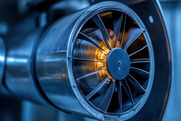 Fototapeta premium Detailed view of furnace exhaust fan HVAC upkeep repair service and installation