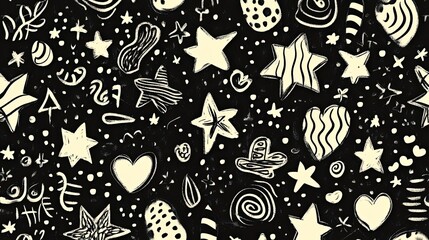 Fototapeta premium A quirky hand-drawn doodle pattern featuring stars, hearts, and abstract shapes in monochrome. 