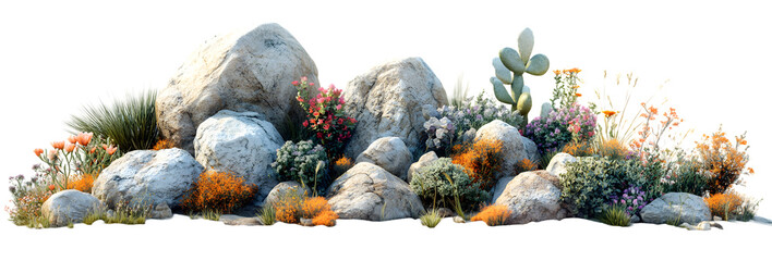A vibrant desert oasis flourishing amidst sun-drenched rocks, showcasing a colorful array of wildflowers and cacti under a bright, clear sky.