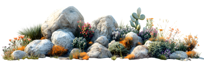 A vibrant desert oasis flourishing amidst sun-drenched rocks, showcasing a colorful array of wildflowers and cacti under a bright, clear sky.