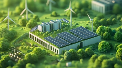 Renewable energy facility featuring solar panels and wind turbines in a green landscape