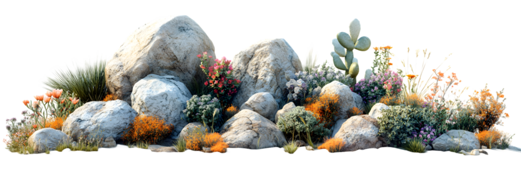 A vibrant desert oasis flourishing amidst sun-drenched rocks, showcasing a colorful array of wildflowers and cacti under a bright, clear sky.