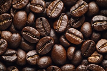 Fototapeta premium Detailed view of roasted coffee beans creating a textured backdrop ideal for coffee related topics or food and drink themes