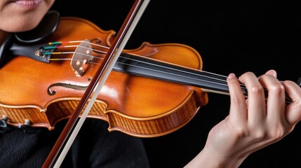 Fototapeta premium Person playing violin, close-up, black background, musical performance, classical instrument