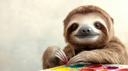 Fototapeta premium playful sloth painting with vibrant colors, showcasing creativity and joy