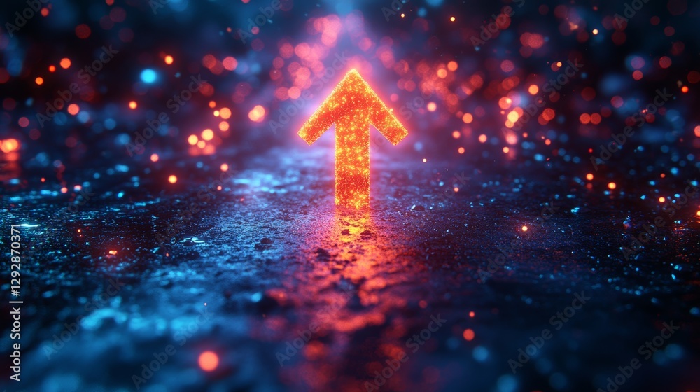 Aufkleber Glowing red arrow on wet reflective surface with abstract bokeh lights in background. Futuristic direction and progress concept
