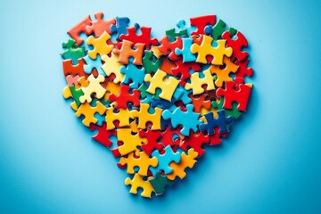 Colorful puzzle pieces form a heart against a blue backdrop.