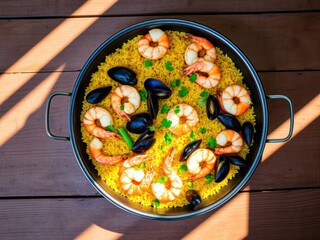 Seafood Paella in a Pan Outdoors