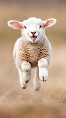 Obraz premium fluffy lamb joyfully leaping in grassy field, radiating happiness