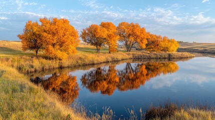 Autumn trees reflected in calm lake at dawn, scenic landscape for nature calendars