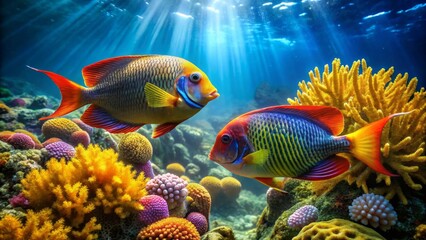 Fototapeta premium Vibrant Reef Inhabitants Gracefully Swimming Amidst a Lush Coral Garden Underneath Sunlit Ocean Waters