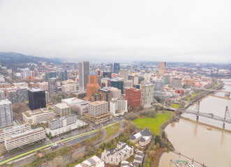 Fototapeta premium A city view from above with a bridge in the background