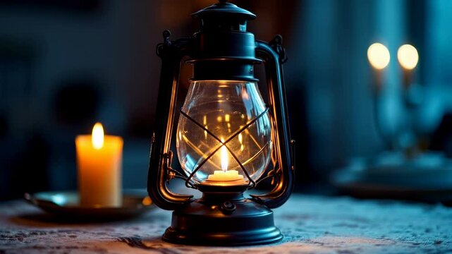 Vintage lantern and candlelight ambiance creating cozy warmth in rustic setting
