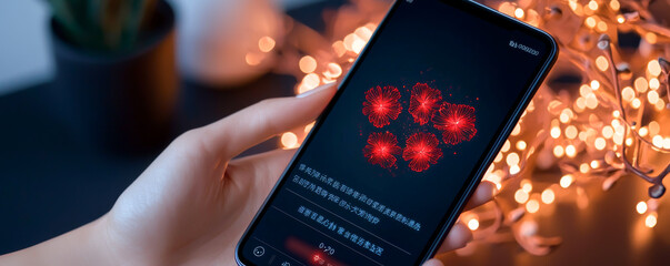 A hand holding a smartphone displaying a vibrant digital interface.