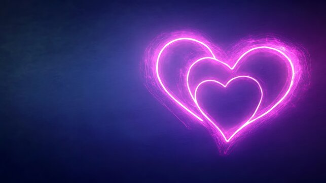 Double Neon Hearts Glowing Brightly Against Dark Blue Background