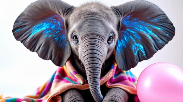 Playful baby elephant with colorful scarf and balloon