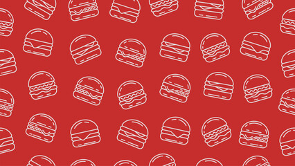 Red hamburger background. Seamless pattern of burger doodle line art. Packaging, wrapper, banner, wallpaper