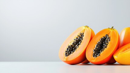 Ripe papaya halves on table, light background, food photography, healthy eating