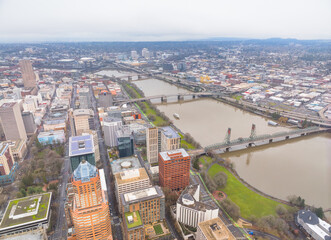 Fototapeta premium A city view from above with a river running through it