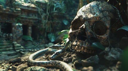 A detailed scene featuring an ancient skull and snake in a jungle ruin, with spider webs and overgrown plants, evoking mystery..