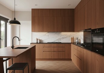 Fototapeta premium The warm wood tones and contrasting dark countertops create a stylish and inviting atmosphere in this modern kitchen with a dining area