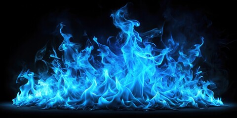 Fototapeta premium Fiery blaze erupts in vibrant blue flames against a dark black canvas, creating a mesmerizing contrast that draws the viewer's attention, dramatic lighting, bluish color palette