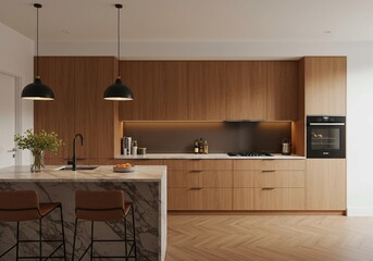 This image showcases a modern kitchen with wooden cabinetry and dark countertops, highlighting its contemporary design and functional layout