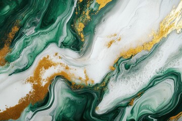 Epoxy resin abstract artwork featuring green white and gold marble swirls Modern design with a fluid background