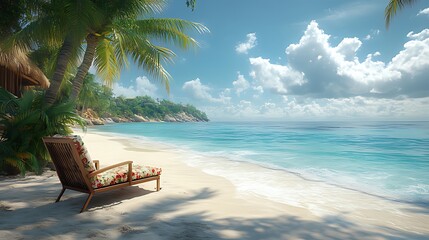 Tropical beach chair, idyllic ocean view, bungalow background, vacation relaxation