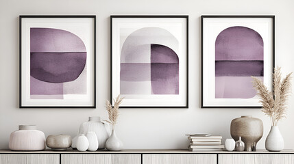 Chic Watercolor Geometric Posters for Stylish Interiors, Subtle and Elegant Mid-Century Art with Warm Color Palette