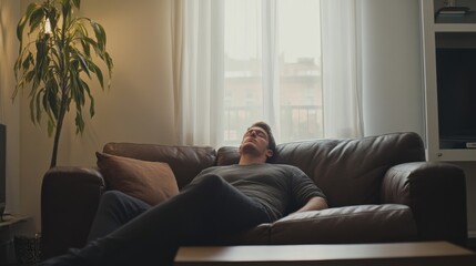 Abdominal pain suffered by a man in a cozy living room. Featuring relaxation and health management