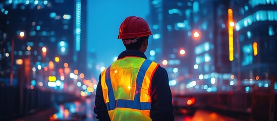 Fototapeta premium Construction Worker in Reflective Vest Observing Cityscape at Night with Illuminated Skyscrapers and Urban Lights