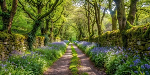 Obraz premium A serene Cornish lane with overgrown wildflowers and moss-covered stone walls surrounded by lush greenery and towering trees in springtime, lane, cornwall