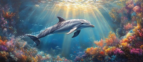 Obraz premium Majestic Dolphin Swimming Gracefully Through Vibrant Coral Reef Under Sunlit Ocean Waters