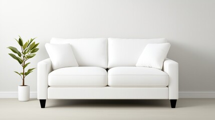 Obraz premium Cozy white couch with lush green plants, creating a tranquil living room atmosphere