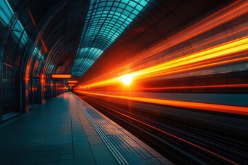 Futuristic High-Speed Train in Motion with Vibrant Light Trails in a Modern Underground Station