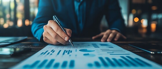 Businessman reviewing business strategy graph, showing financial success, investment opportunities, and future growth goals for industry progress and development