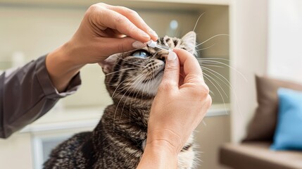 Close-up of administering eye drops at a cat vet clinic for pet health