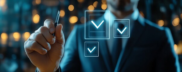 Businessman checking digital document, list of checkboxes for company terms and conditions, practices, and policies, reviewing articles of association