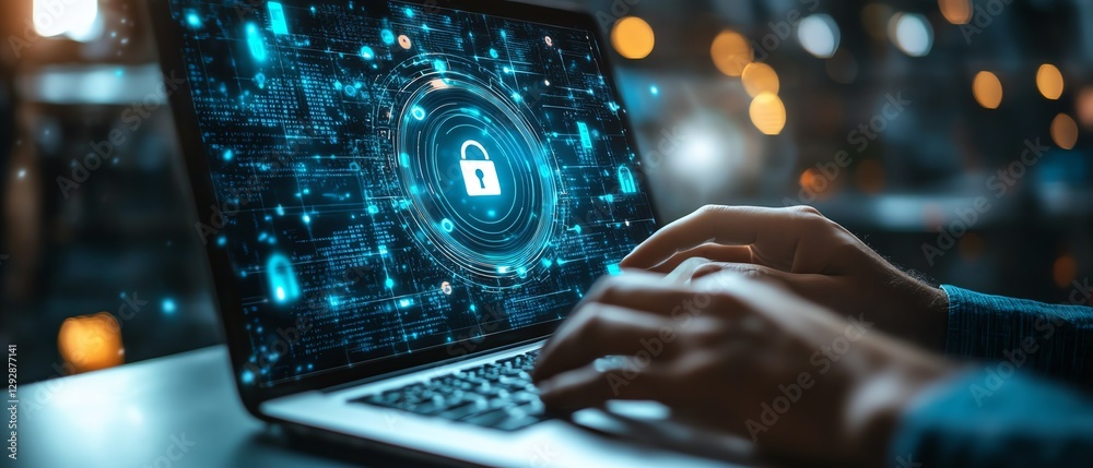 Aufkleber businessman interacting with laptop, selecting virtual security icon for data protection, cyber secu