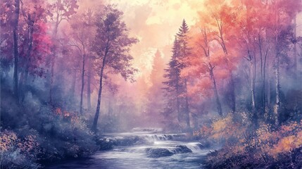 Winter Sunrise and Sunset in the Foggy Forest by the Lake