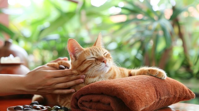 Indoors cat enjoys a relaxing massage in a serene close-up photography view