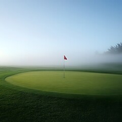 Obraz premium Foggy Golf Course with Red Flag on Green