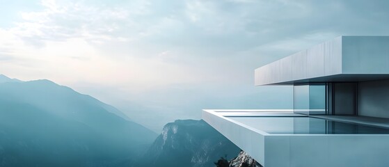 Fototapeta premium Minimalist Modern Architecture with Cinematic Mountain Overlook