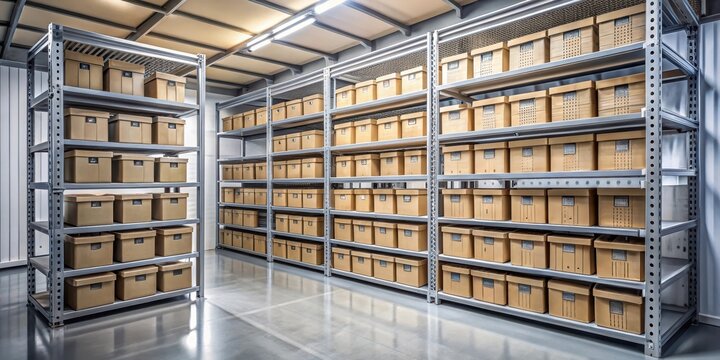 Organized storage room with metallic shelving and neatly labeled boxes, order, organization,  order