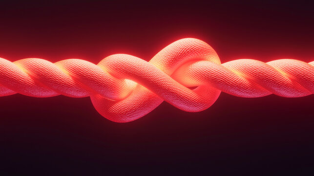 Close-up of a vibrant, illuminated knot in a twisted rope against a dark backdrop.