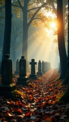 Sun breaks through mist, revealing rows of aged grave markers, leaf-strewn forest floor , weathered, memorial
