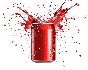 soft drink can exploding with fizz and foam, creating dynamic splash of red liquid. vibrant colors and energetic motion evoke excitement and refreshment