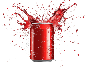 soft drink can exploding with fizz and foam, creating dynamic splash of red liquid. vibrant colors and energetic motion evoke excitement and refreshment